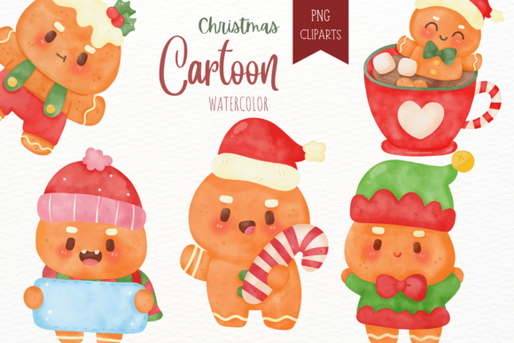 Christmas Gingerbread Watercolor. Kawaii Illustrations