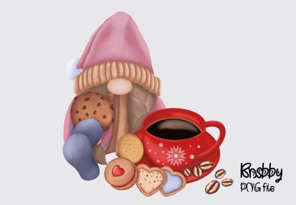Christmas Gnome with Coffee and Cookies in Illustrations
