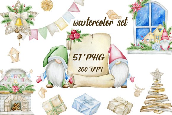 Christmas Gnomes Watercolor Set of Clip Illustrations