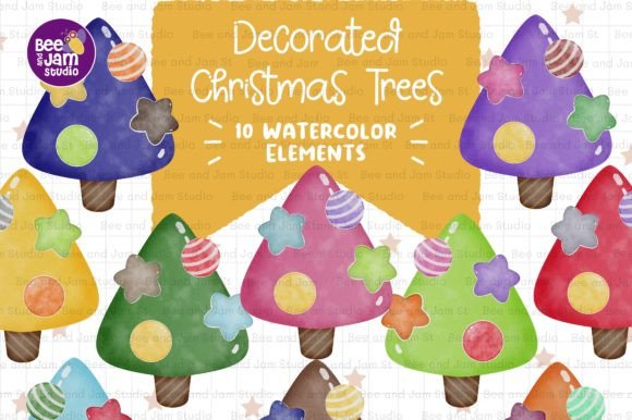 Decorated Christmas Trees Watercolor PNG for Modern Illustrations