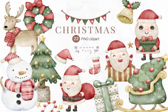 Watercolor Christmas Cartoon Clipart,PNG for Modern Illustrations