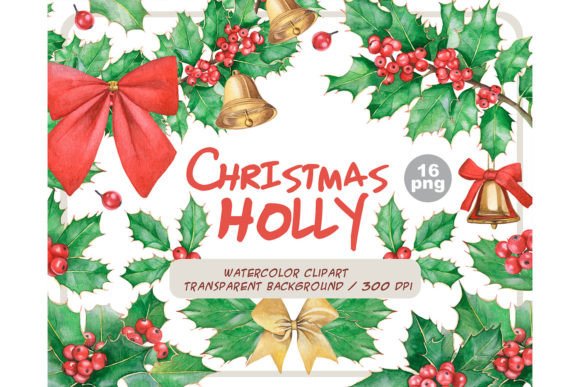 Watercolor Christmas Holly Clipart Set for Modern Illustrations