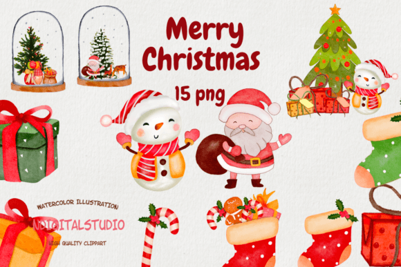 Watercolor Merry Christmas Clipart for Festive Illustrations